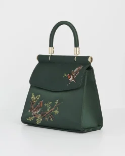 Clutch & Evening Bags|Cross Body Bags-Fable England Robin & Mistletoe Green Embroidered Satin Tote