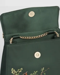 Clutch & Evening Bags|Cross Body Bags-Fable England Robin & Mistletoe Green Embroidered Satin Tote