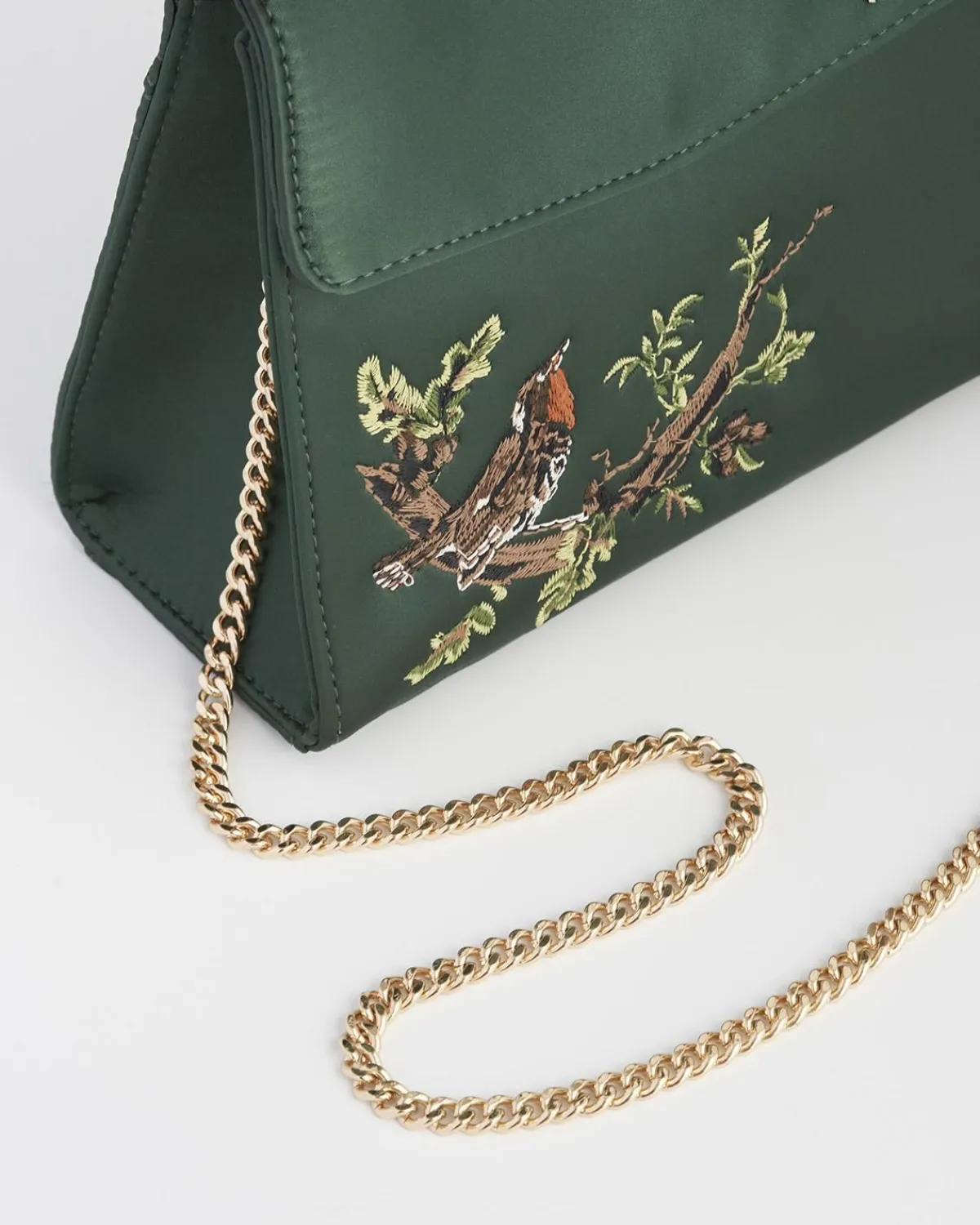 Clutch & Evening Bags|Cross Body Bags-Fable England Robin & Mistletoe Green Embroidered Satin Tote