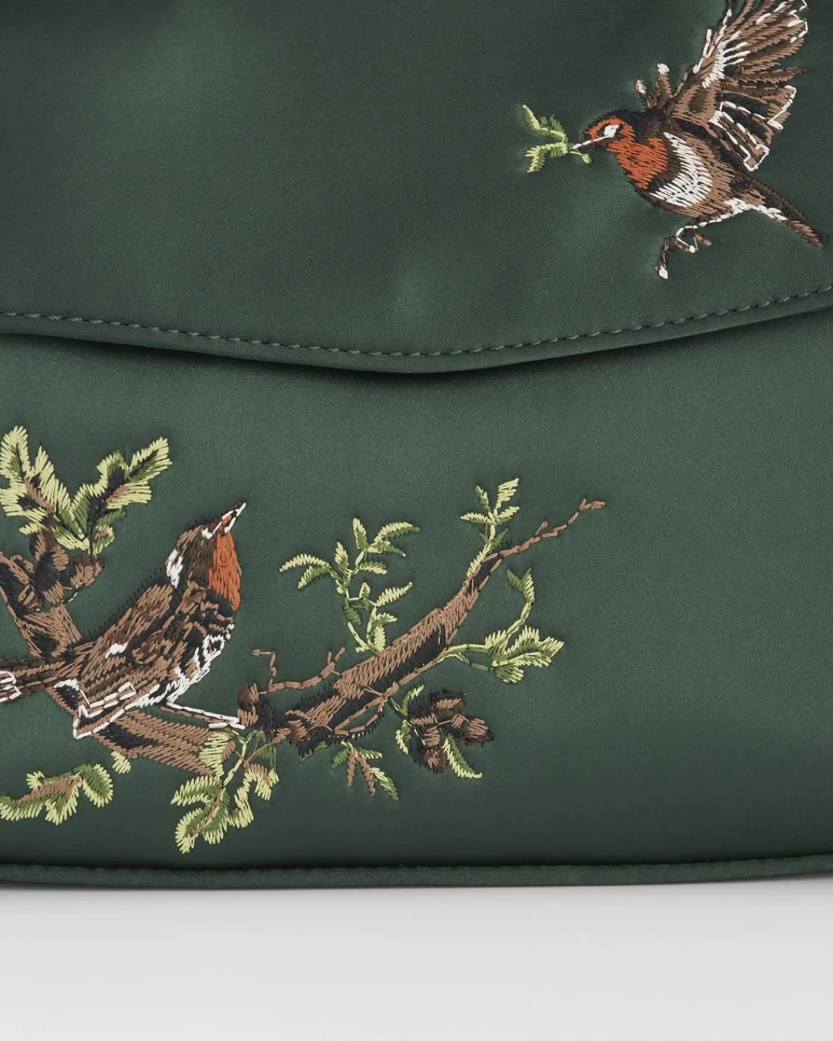 Clutch & Evening Bags|Cross Body Bags-Fable England Robin & Mistletoe Green Embroidered Satin Tote