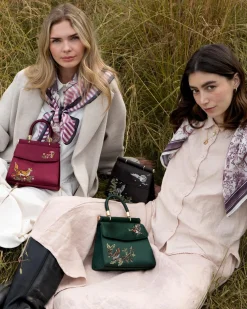 Clutch & Evening Bags|Cross Body Bags-Fable England Robin & Mistletoe Green Embroidered Satin Tote