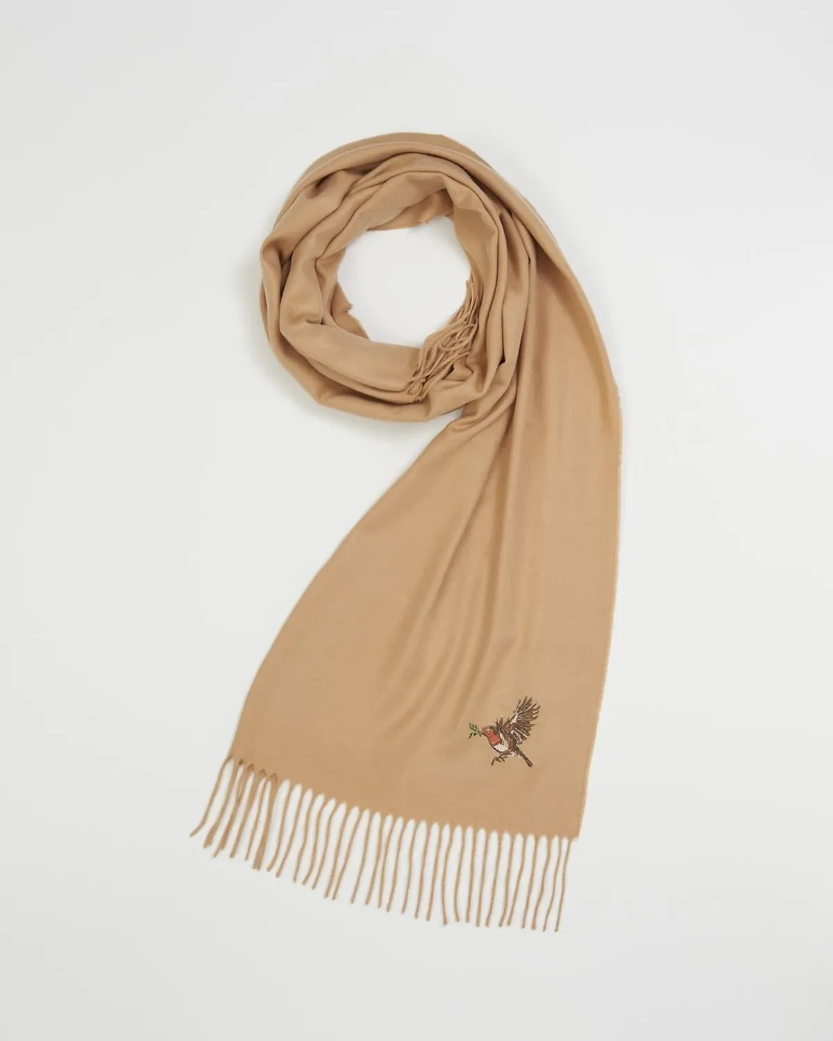 Winter Scarves-Fable England Robin Embroidered Cozy Camel Scarf