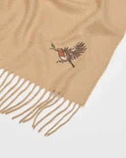Winter Scarves-Fable England Robin Embroidered Cozy Camel Scarf