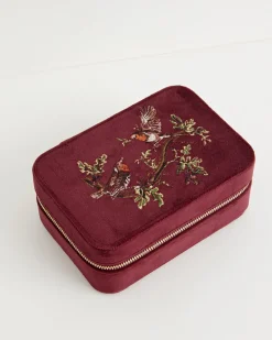 Jewelry Boxes-Fable England Robin Love Embroidered Large Jewellery Box Redcurrant Velvet