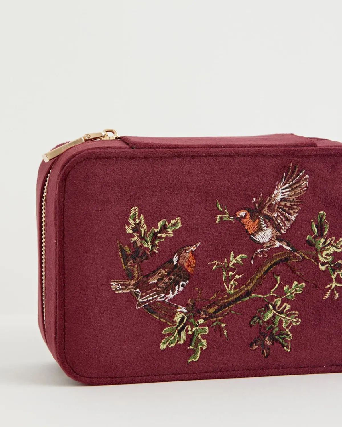 Jewelry Boxes-Fable England Robin Love Embroidered Large Jewellery Box Redcurrant Velvet