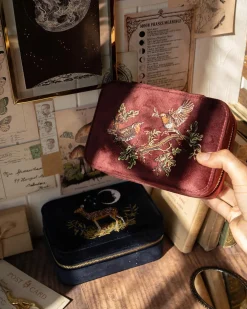Jewelry Boxes-Fable England Robin Love Embroidered Large Jewellery Box Redcurrant Velvet