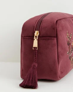 Makeup Bags-Fable England Robin Love Embroidered Pouch Redcurrant Velvet