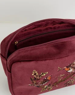 Makeup Bags-Fable England Robin Love Embroidered Pouch Redcurrant Velvet