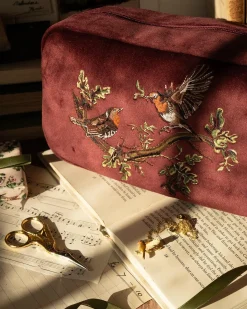 Makeup Bags-Fable England Robin Love Embroidered Pouch Redcurrant Velvet