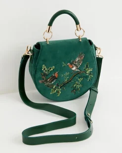 Cross Body Bags|Embroidered Bags-Fable England Robin Love Velvet Embroidered Saddle Bag - Fern Green