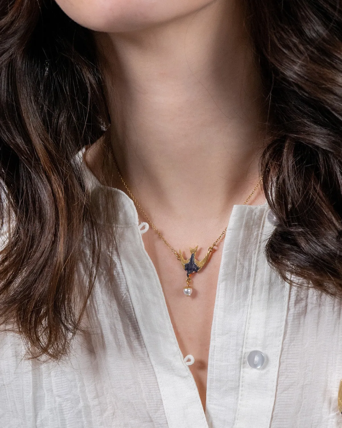 Necklaces-Fable England Swallow & Pearl Necklace
