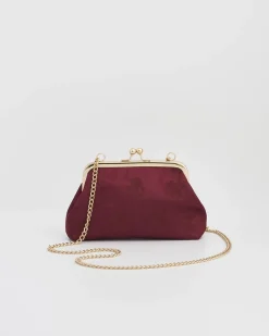 Clutch & Evening Bags|Cross Body Bags-Fable England Victoriana Burgundy Embroidered Satin Clutch