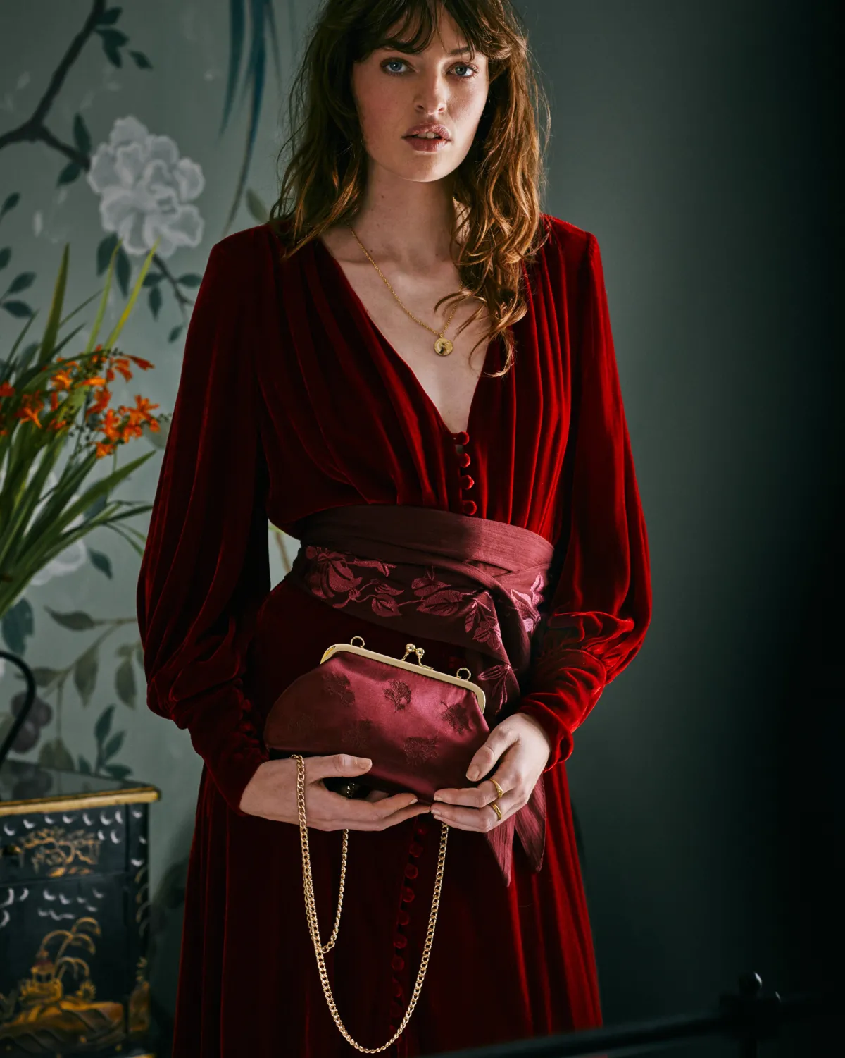 Clutch & Evening Bags|Cross Body Bags-Fable England Victoriana Burgundy Embroidered Satin Clutch