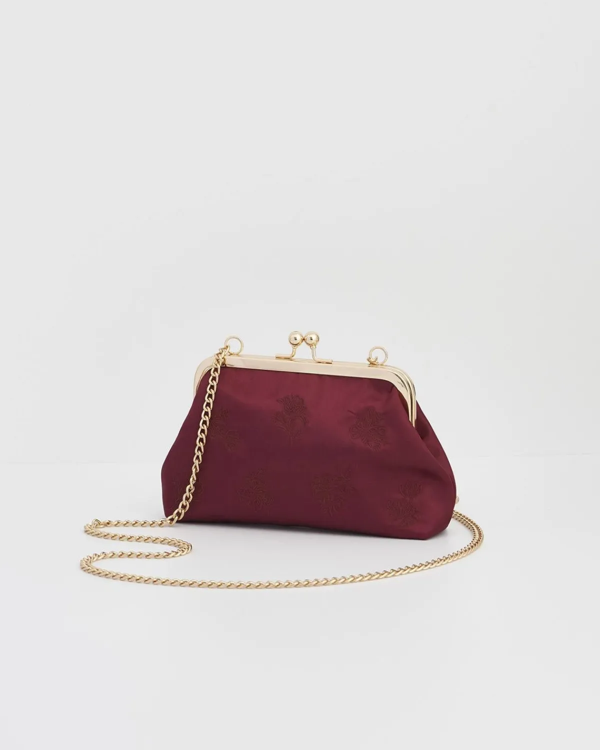 Clutch & Evening Bags|Cross Body Bags-Fable England Victoriana Burgundy Embroidered Satin Clutch