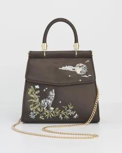 Bracelets & Bangles|Clutch & Evening Bags-Fable England Wolf & Moon Charcoal Embroidered Satin Tote