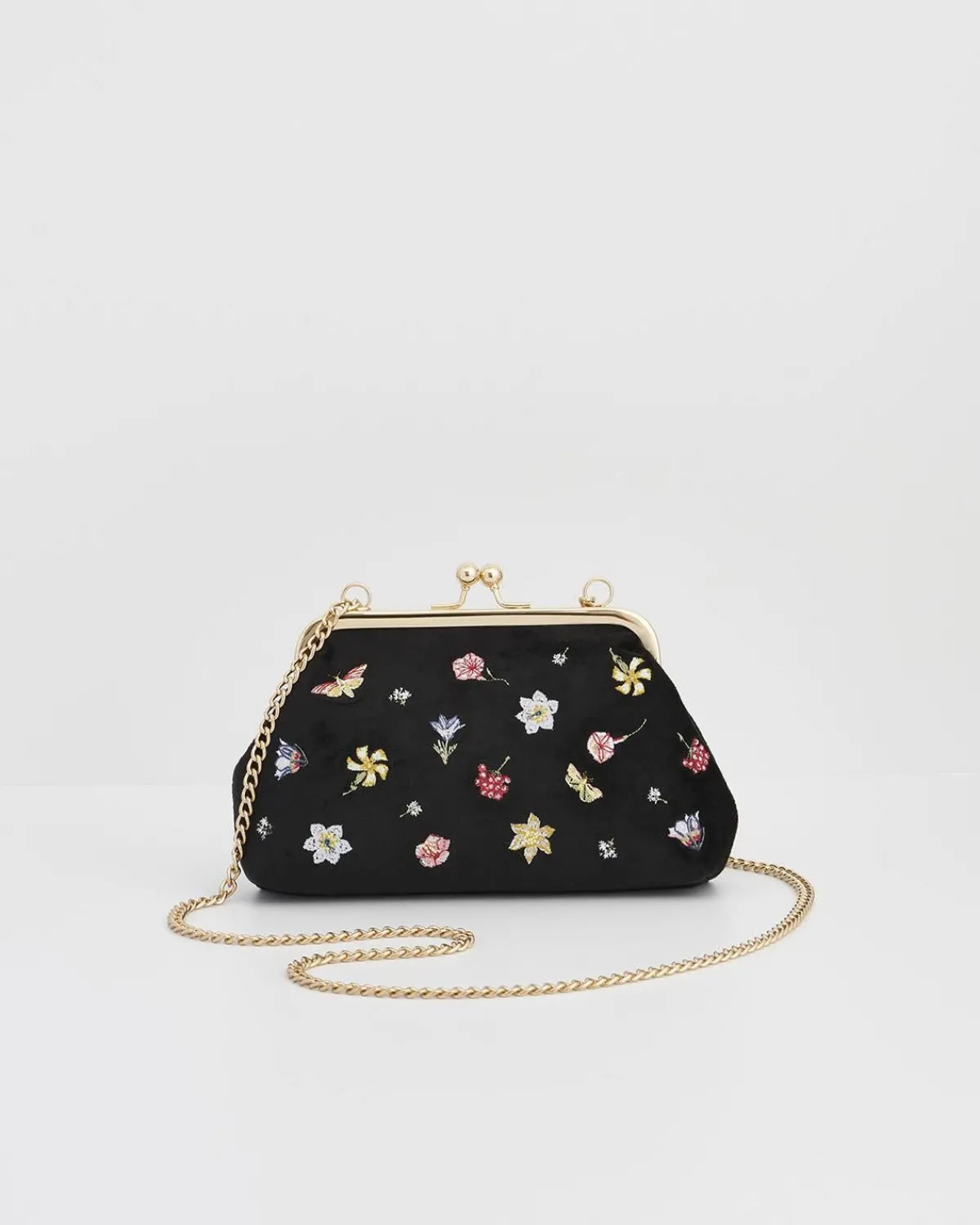 Clutch & Evening Bags|Cross Body Bags-Fable England Wolf Garden Ditsy Embroidered Black Velvet Clutch