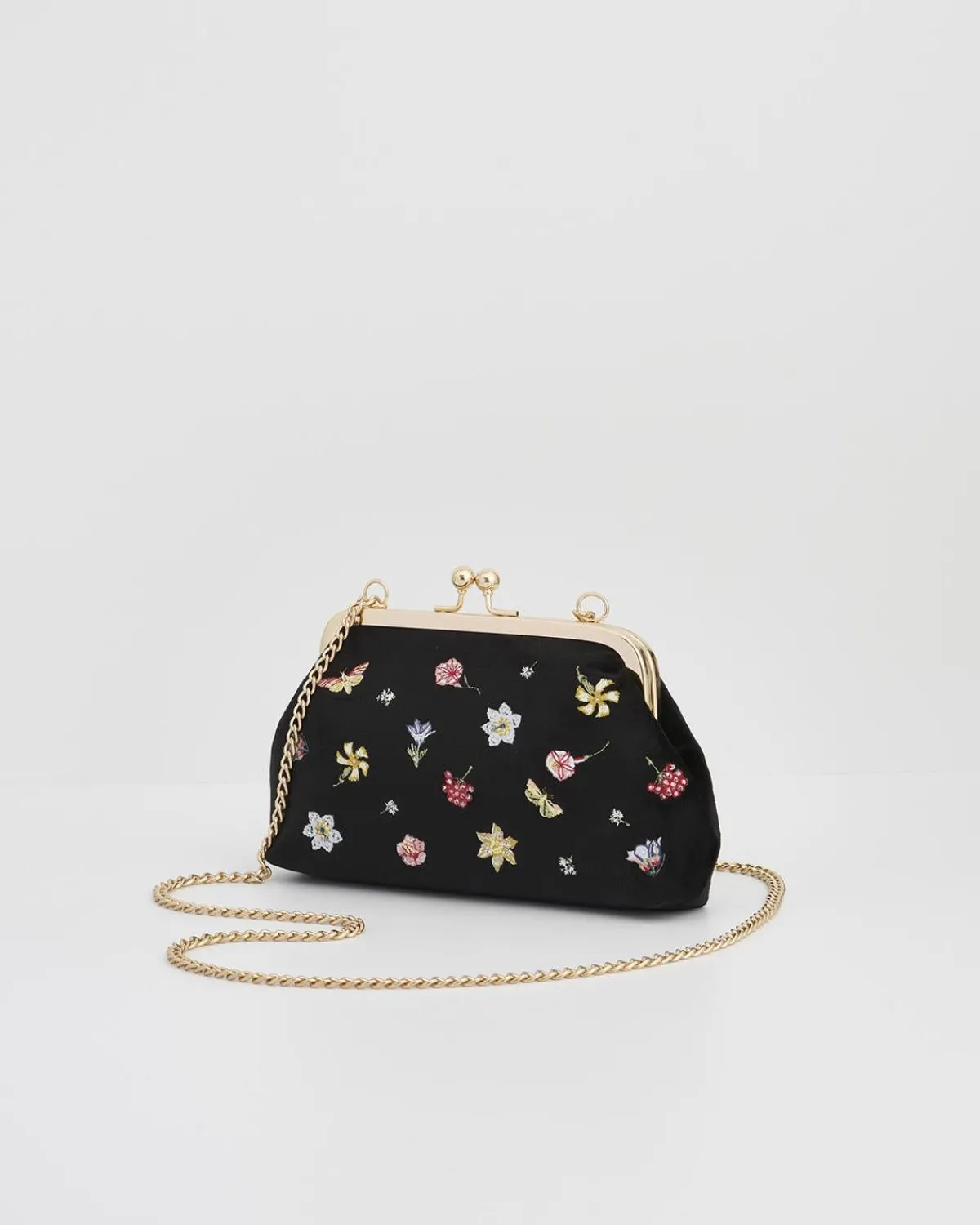 Clutch & Evening Bags|Cross Body Bags-Fable England Wolf Garden Ditsy Embroidered Black Velvet Clutch
