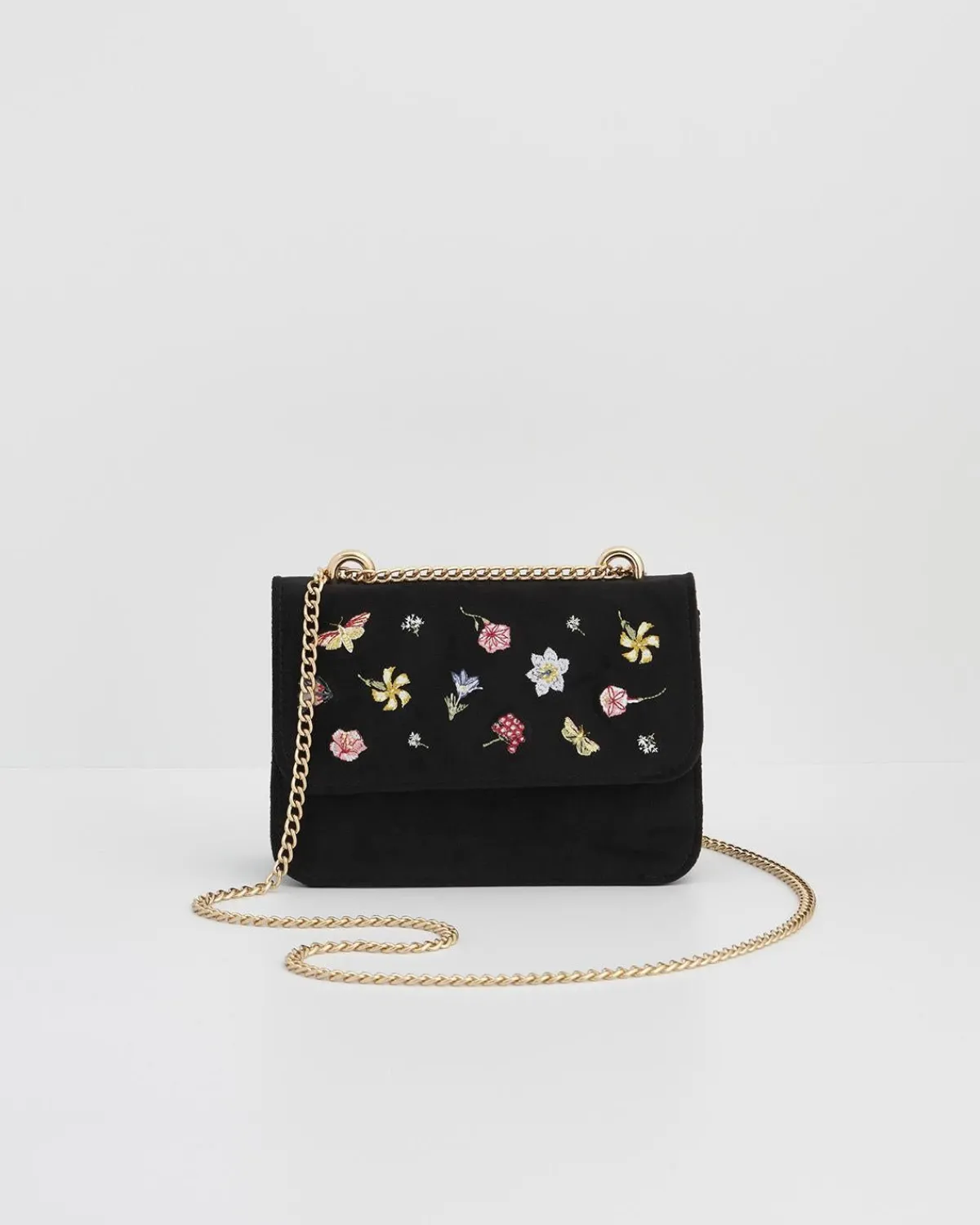 Clutch & Evening Bags|Cross Body Bags-Fable England Wolf Garden Ditsy Embroidered Black Velvet Purse