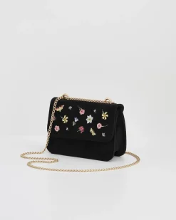 Clutch & Evening Bags|Cross Body Bags-Fable England Wolf Garden Ditsy Embroidered Black Velvet Purse