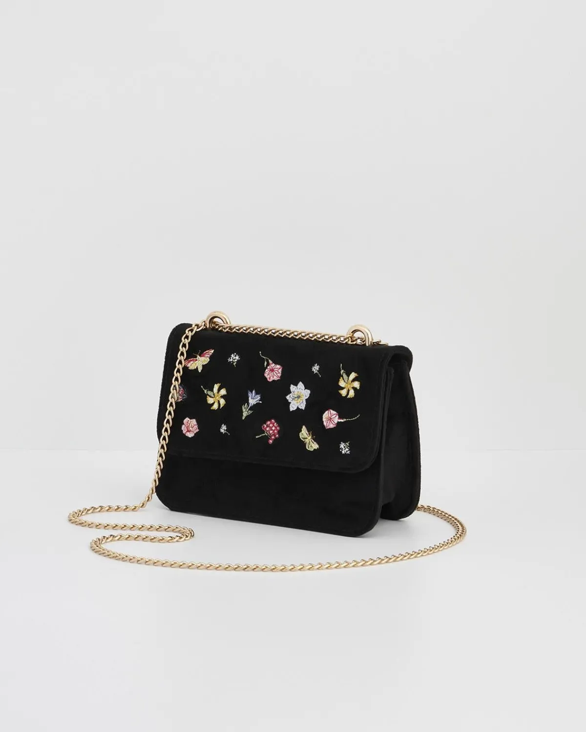 Clutch & Evening Bags|Cross Body Bags-Fable England Wolf Garden Ditsy Embroidered Black Velvet Purse