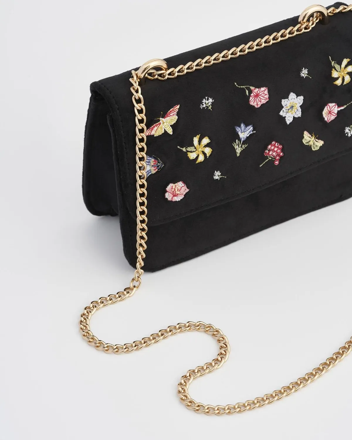 Clutch & Evening Bags|Cross Body Bags-Fable England Wolf Garden Ditsy Embroidered Black Velvet Purse