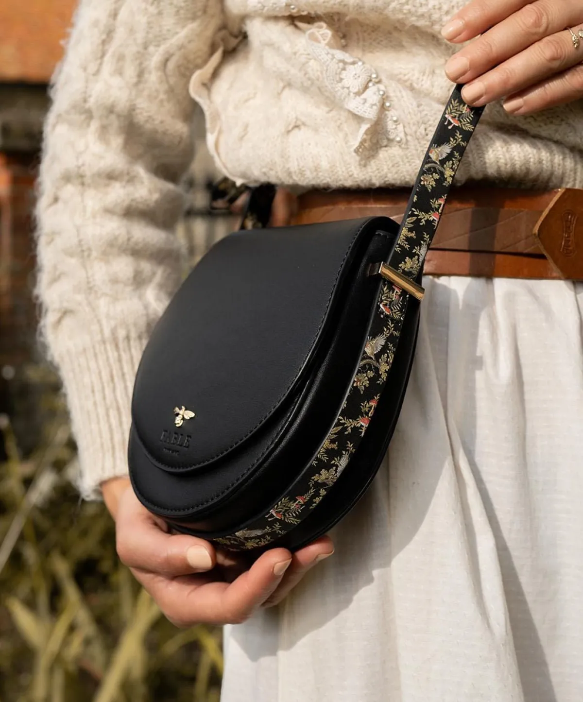 Cross Body Bags-Fable England Woodland Toile Saddle Bag - Black